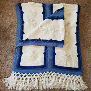 Vintage 1968 Hand Crochet Afghan Blanket Blue Beige w/ Tassels 54x66 Inch